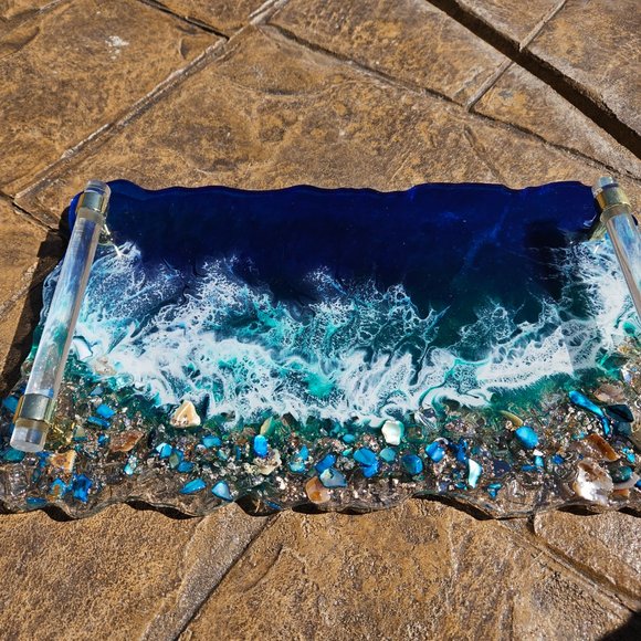 Hand poured Epoxy resin ocean perfume and jewelry tray 14X7 with acyrlic handles - Picture 2 of 5
